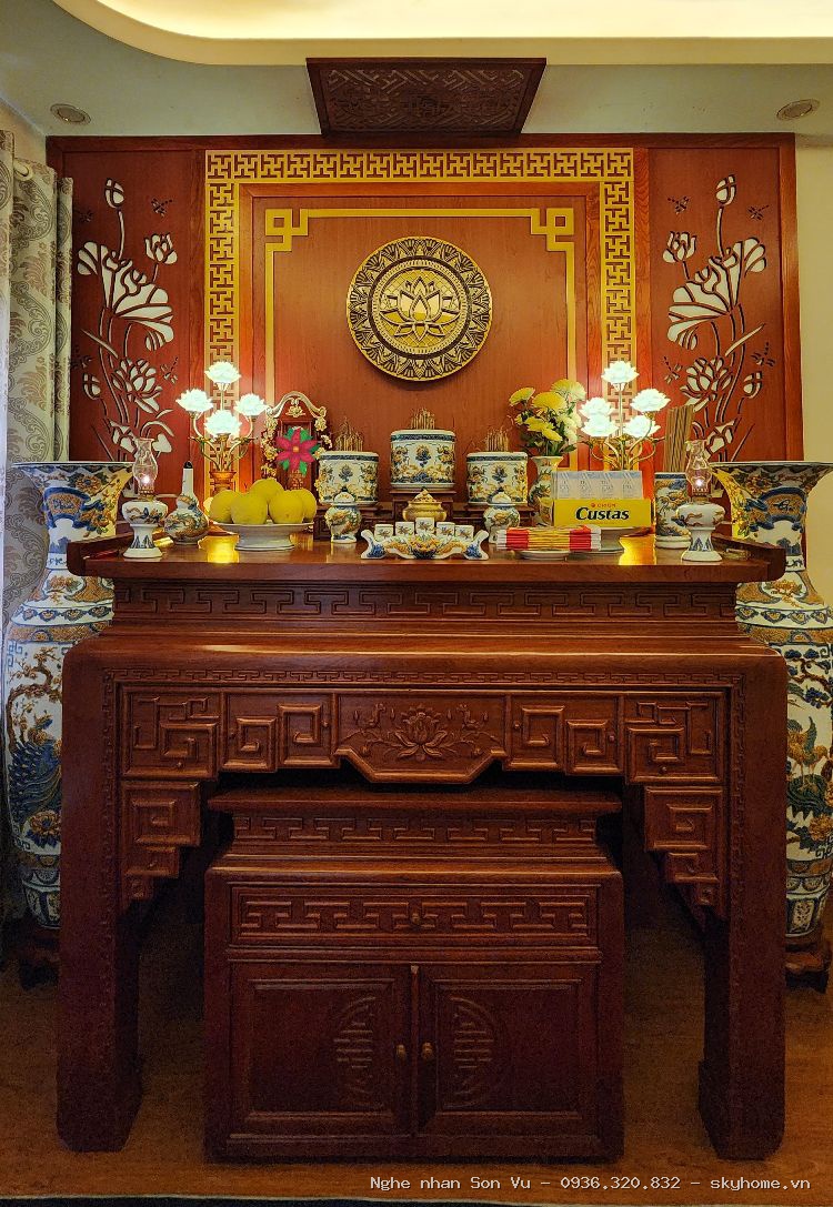 Bàn thờ hiện đại Phúc Lộc Thọ - Chế tác bởi Nghệ nhân Sơn Vũ